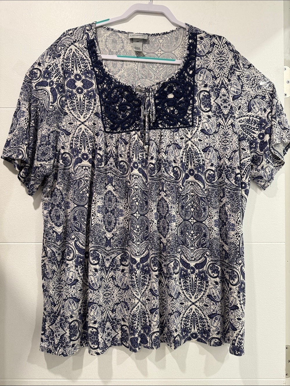 Catherines Blouse Womens 2X Blue Excellent Paisley Crochet Lace Scoop Neck Top